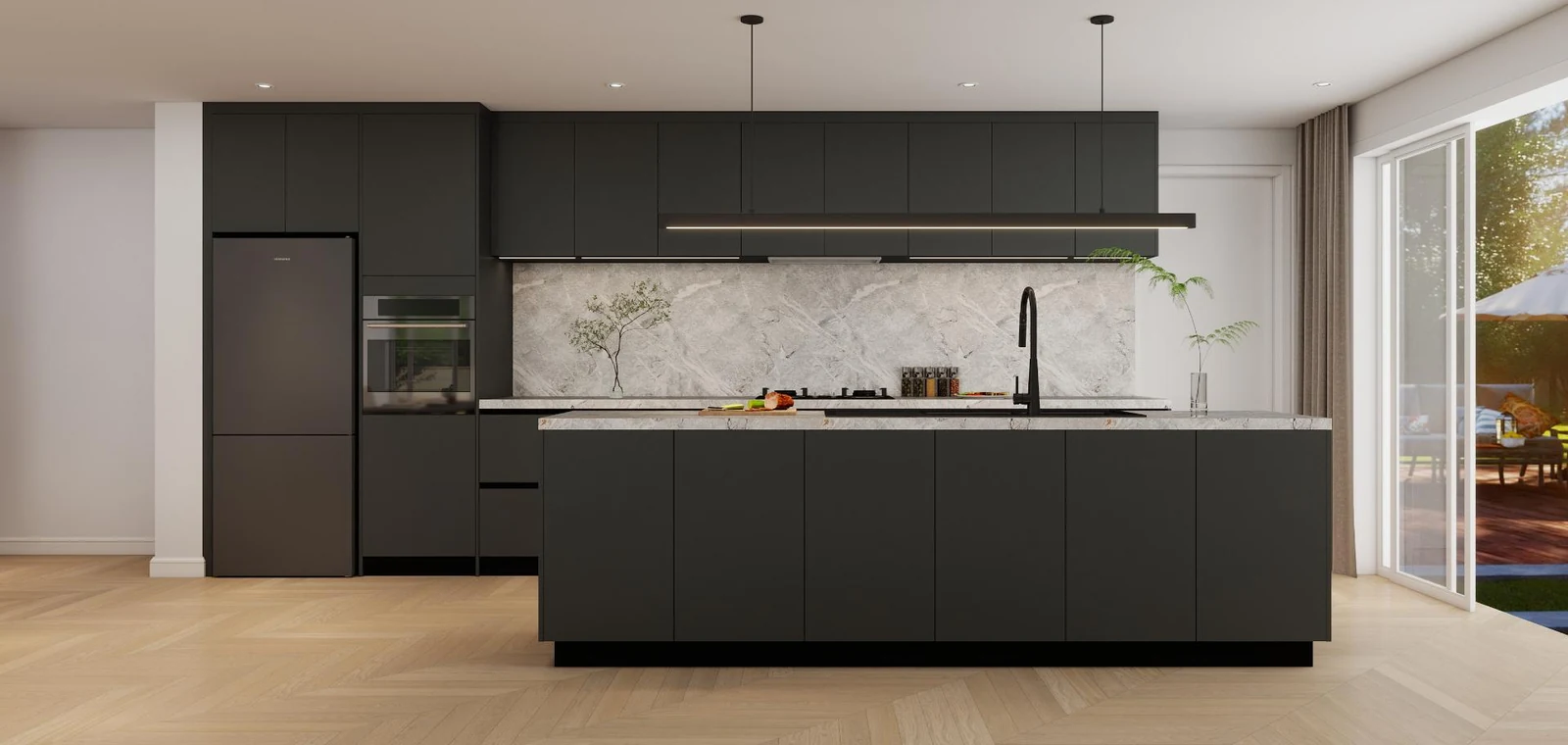 Contemporary kitchen cabinetry design concept with dark flat-front cabinets and island