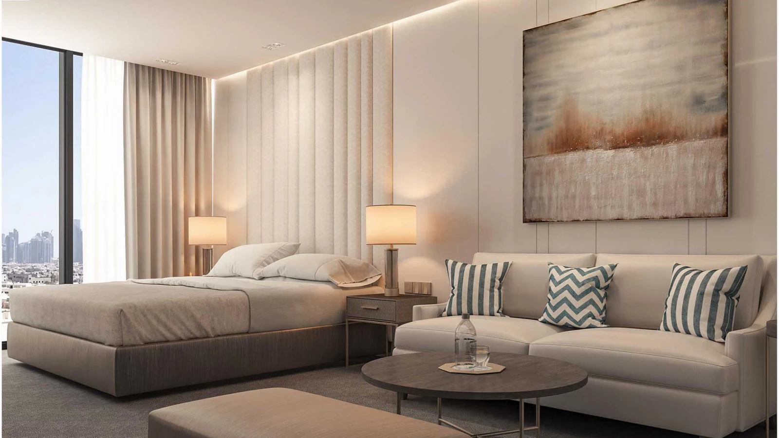 Hotel guestroom with an upholstered bed and coordinated interior furniture