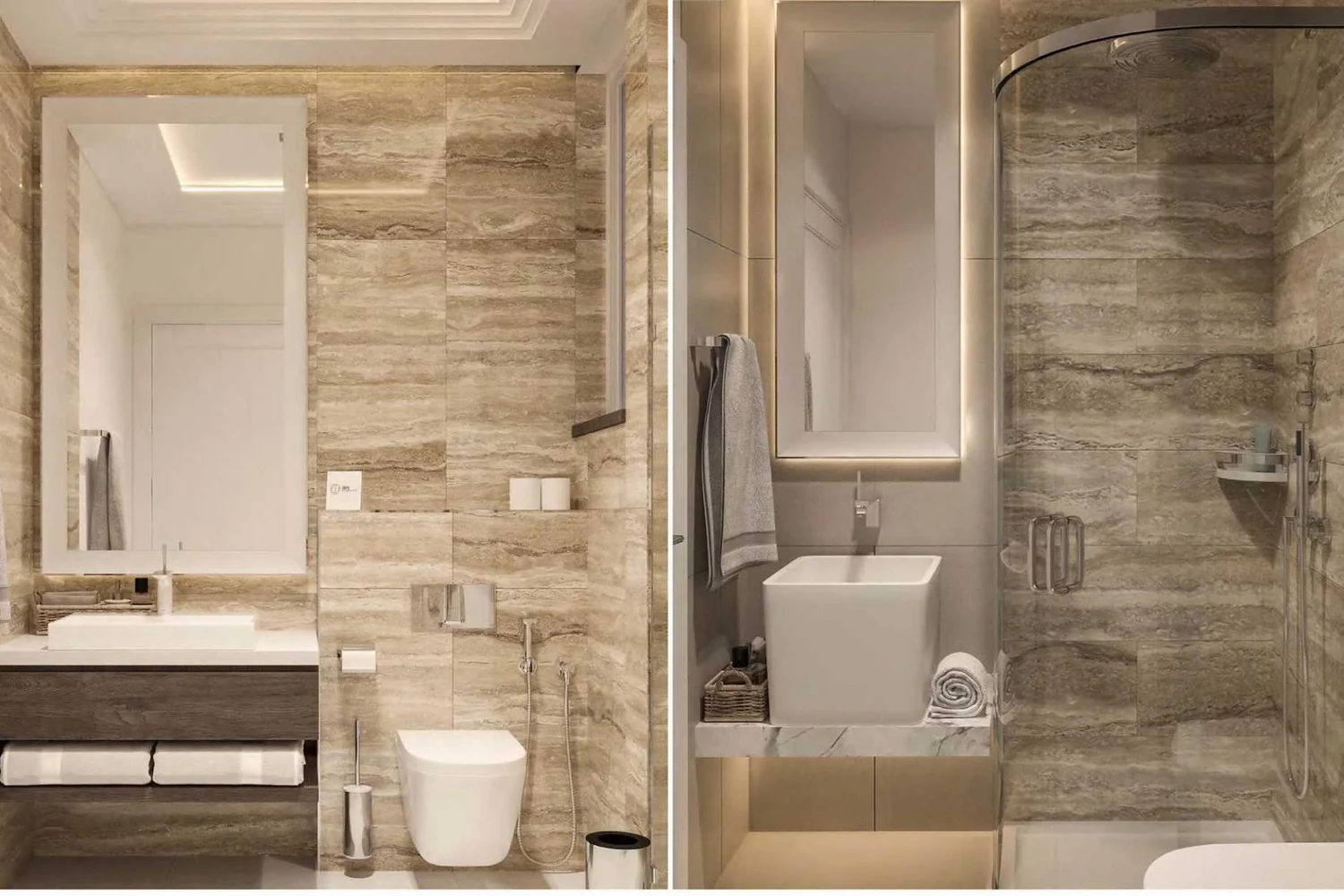 Hotel bathroom design with coordinated stone surfaces and vanity finishes