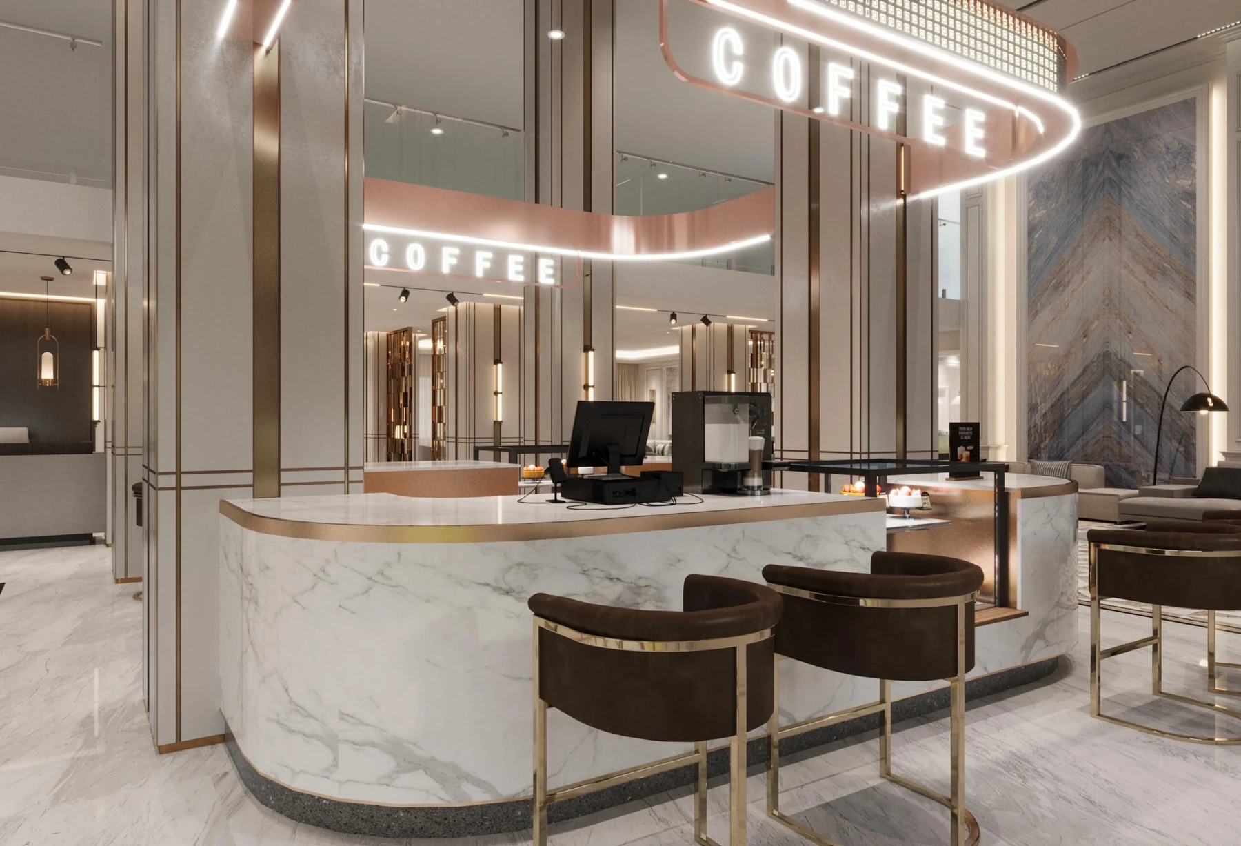 Custom hospitality bar design with coordinated furniture counter and lighting