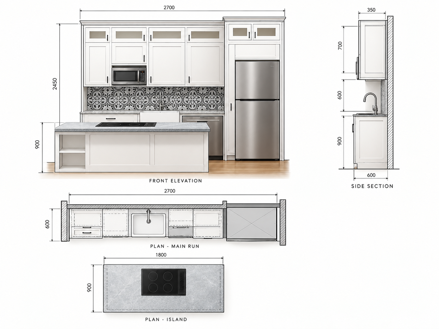 Cabinet technical drawing showing construction and hardware requirements