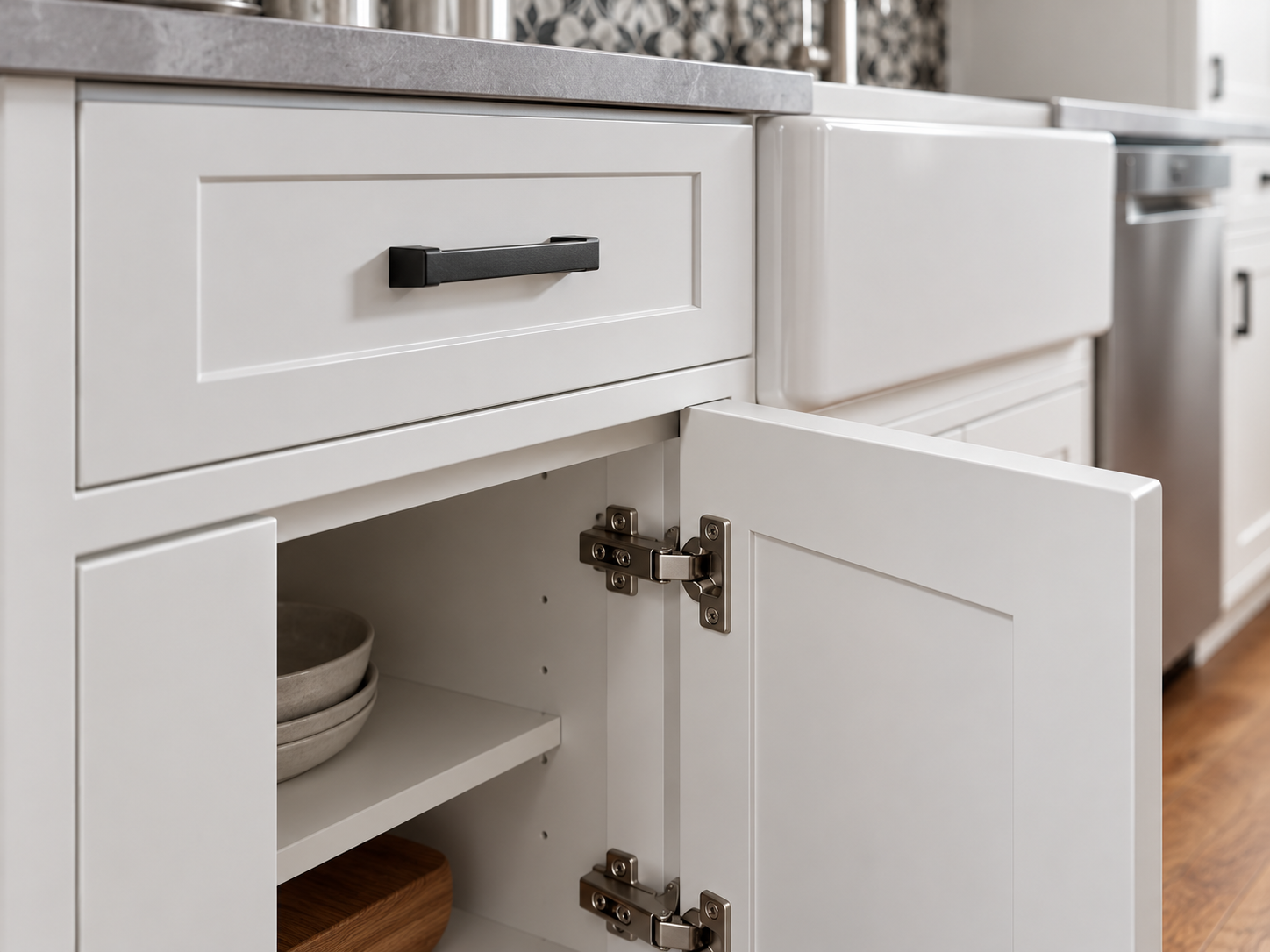 Custom kitchen cabinet material and hardware details