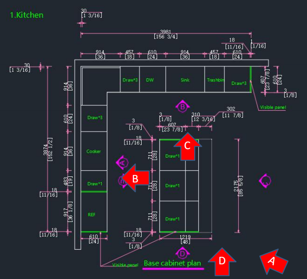 Dimensioned custom kitchen base cabinet floor plan with refrigerator, cooker, sink, dishwasher, drawers, and trash storage