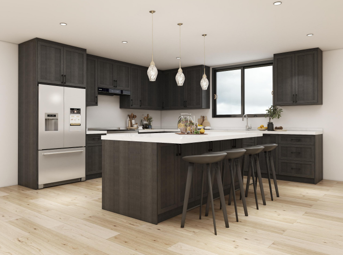 3D visualization of a custom kitchen with charcoal cabinetry, an island, and integrated storage