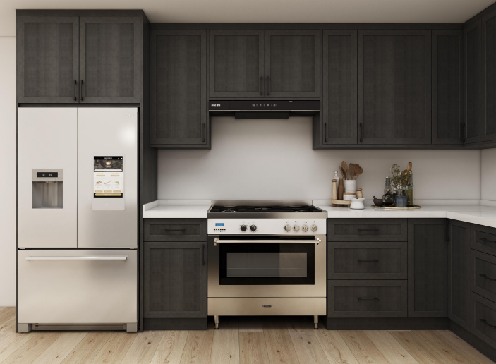3D kitchen design showing charcoal shaker cabinets surrounding refrigerator and cooking range