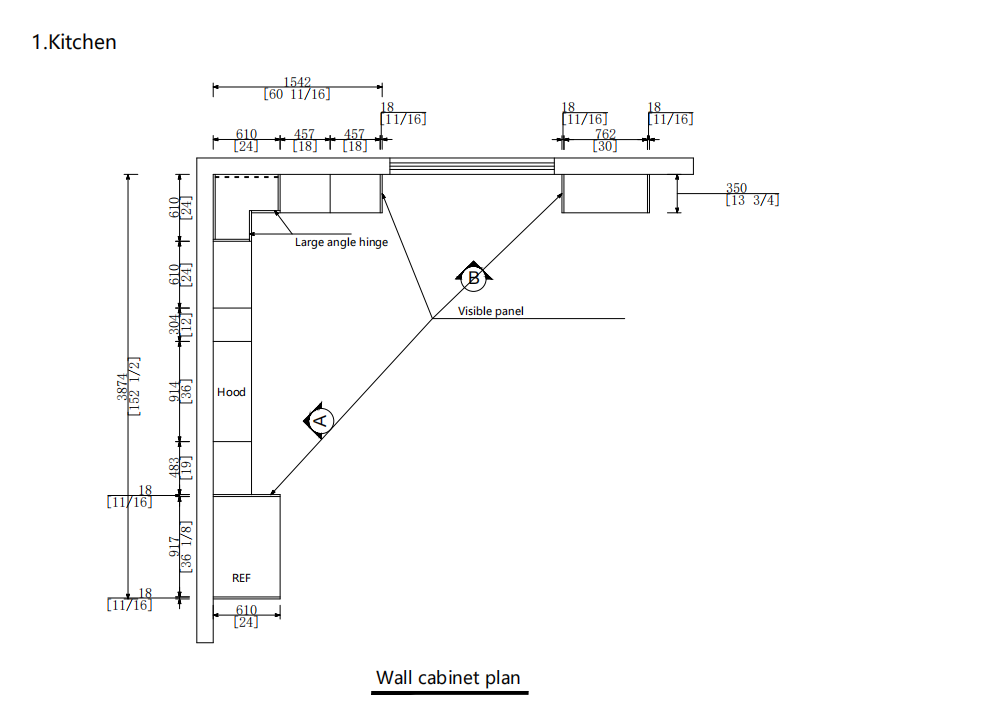 Technical wall cabinet plan with dimension annotations for a custom kitchen