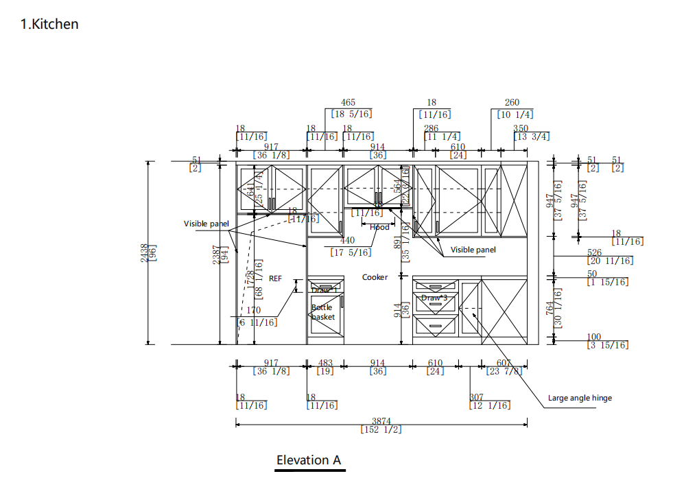 Technical front elevation of custom kitchen cabinetry with refrigerator, cooker hood, drawer cabinets and upper doors