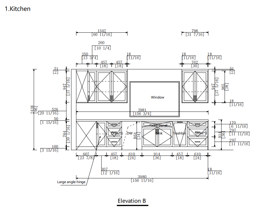 Kitchen cabinetry elevation drawing showing window, sink, dishwasher, drawer banks, and overhead cabinets